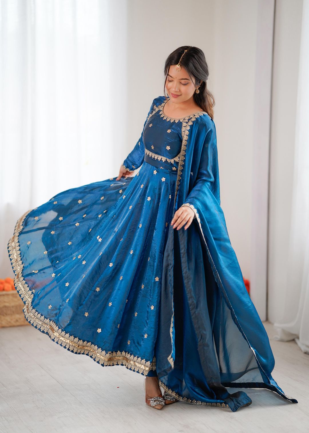 Teal Blue Silk Embroidered Gown Set with Dupatta