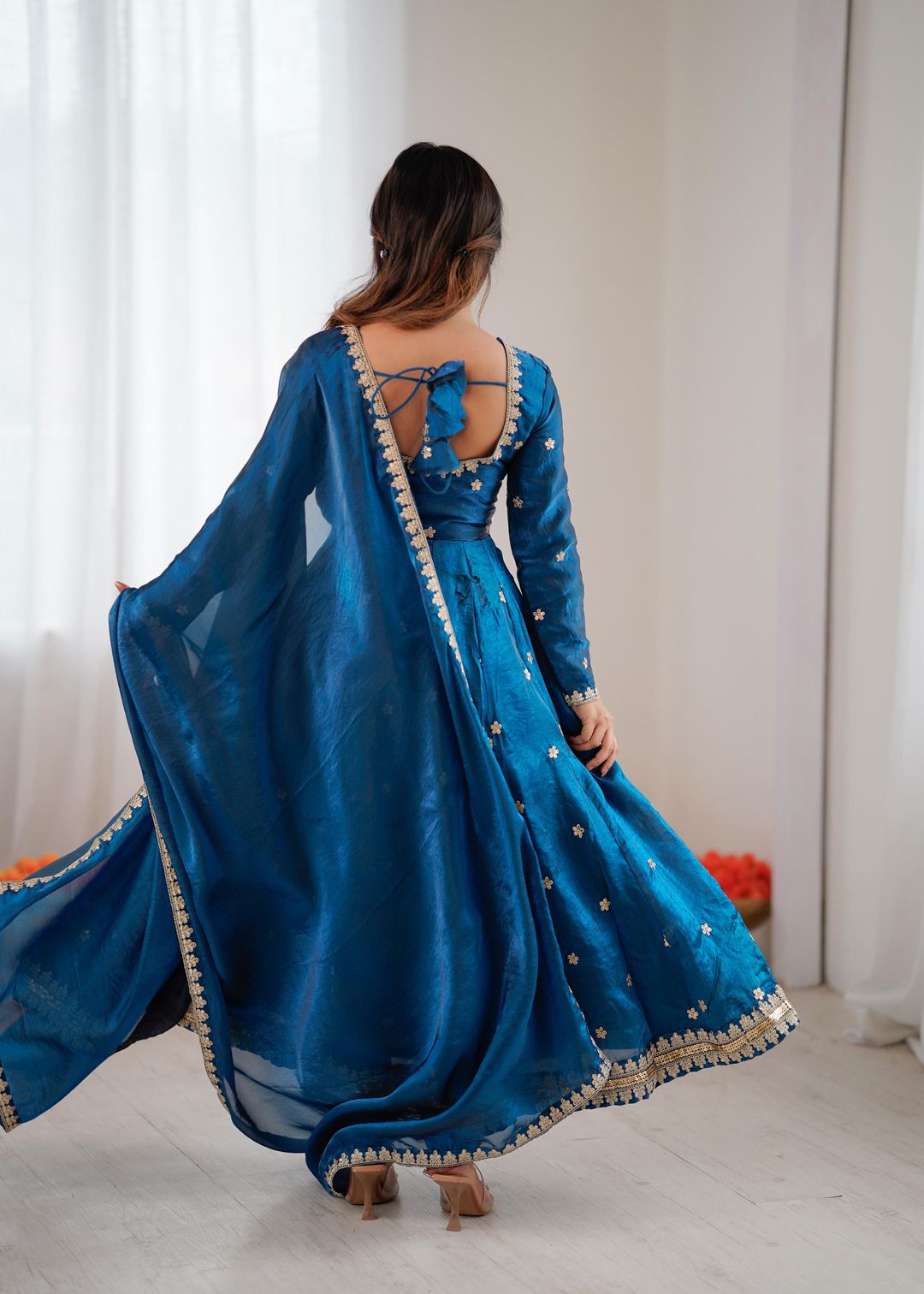 Teal Blue Silk Embroidered Gown Set with Dupatta