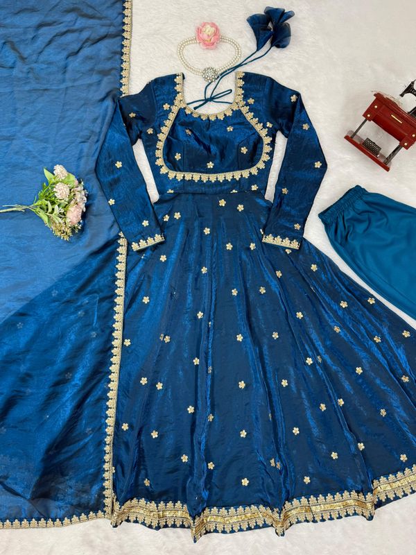 Teal Blue Silk Embroidered Gown Set with Dupatta