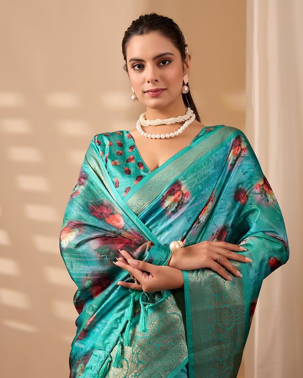 Teal Bloom Lichi Silk Saree with Zari Elegance