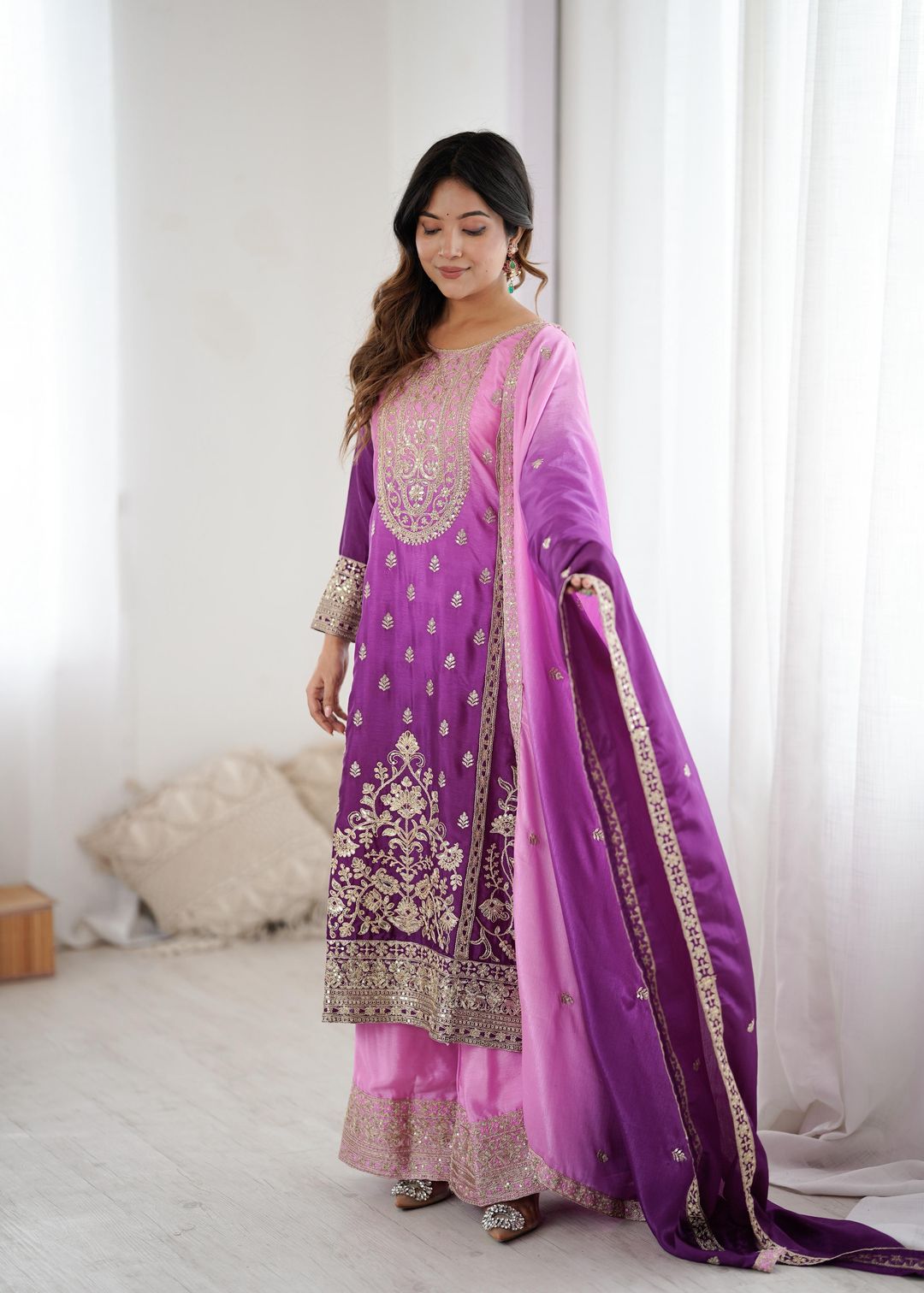 Purple Pink Chinon Silk Embroidered Suit Set