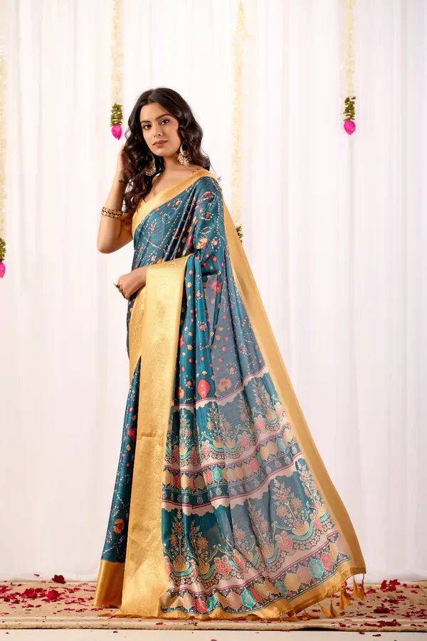 Teal Tribal Art Printed Lichi Silk Saree with Zari Border