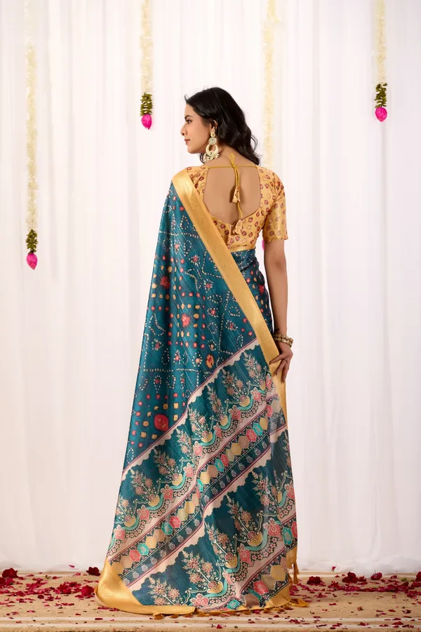 Teal Tribal Art Printed Lichi Silk Saree with Zari Border