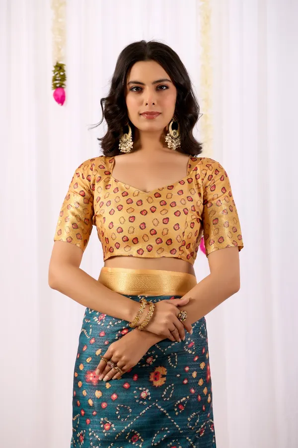 Teal Tribal Art Printed Lichi Silk Saree with Zari Border