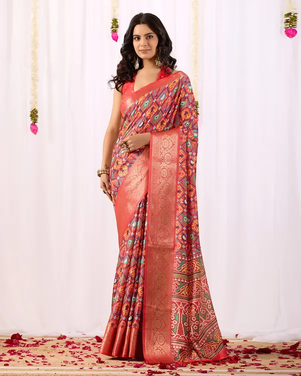 Red Patola Design Lichi Silk Saree Online - Varnavi