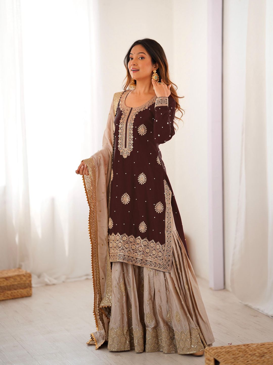 Brown Chinon Silk Sharara Suit Set for Women