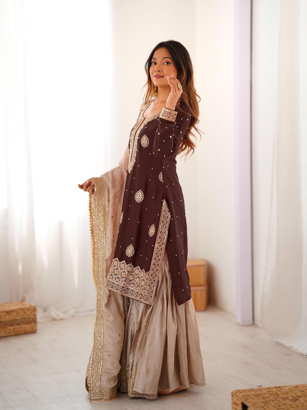 Brown Chinon Silk Sharara Suit Set for Women