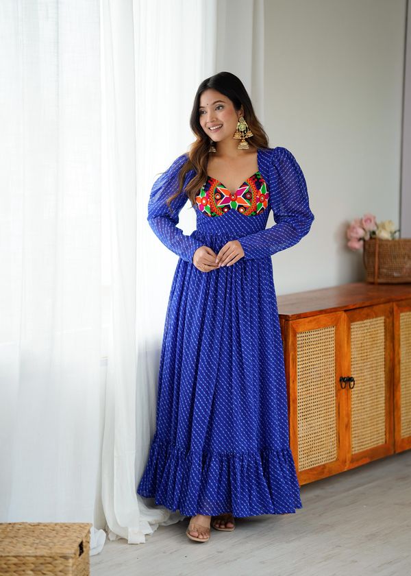 Blue Printed Georgette Designer Gown for Women Festive