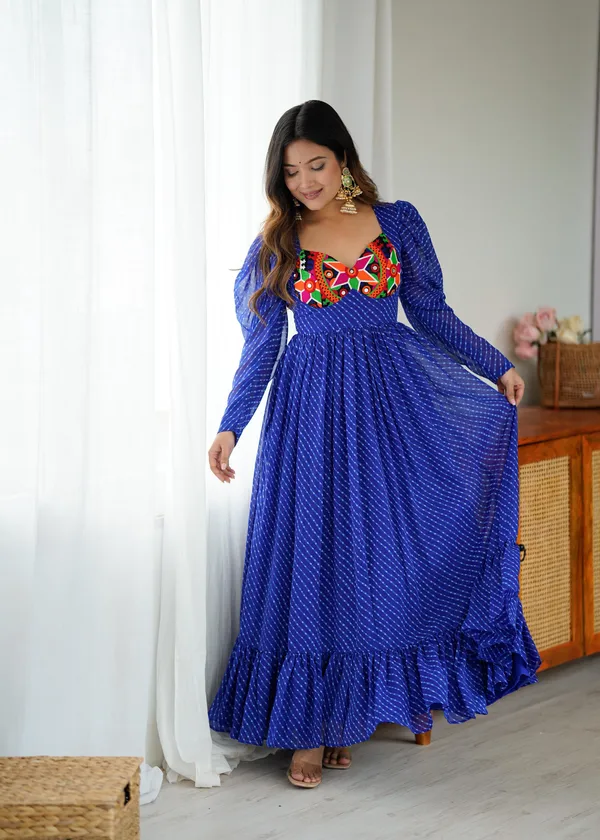Blue Printed Georgette Designer Gown for Women Festive