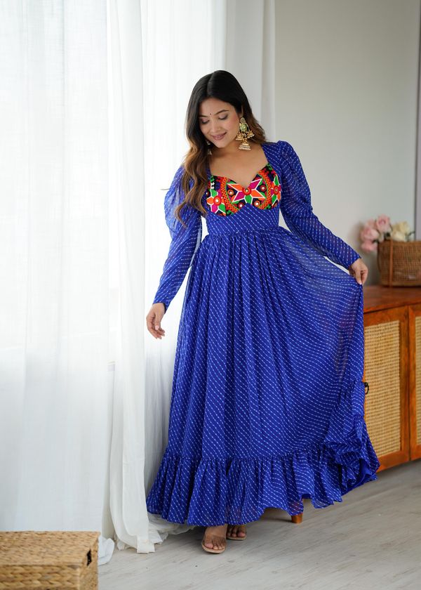 Blue Printed Georgette Designer Gown for Women Festive