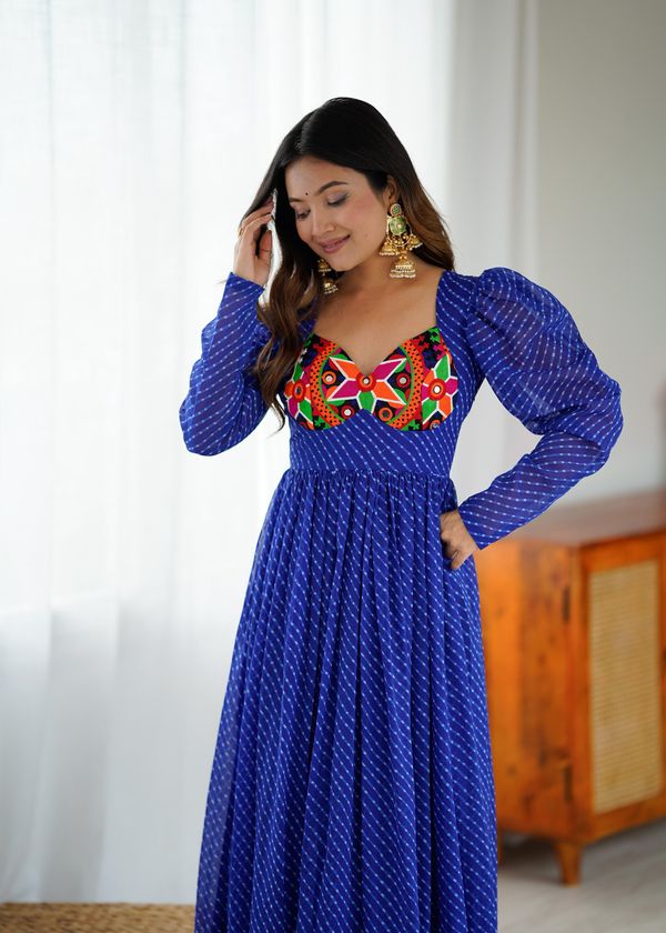 Blue Printed Georgette Designer Gown for Women Festive