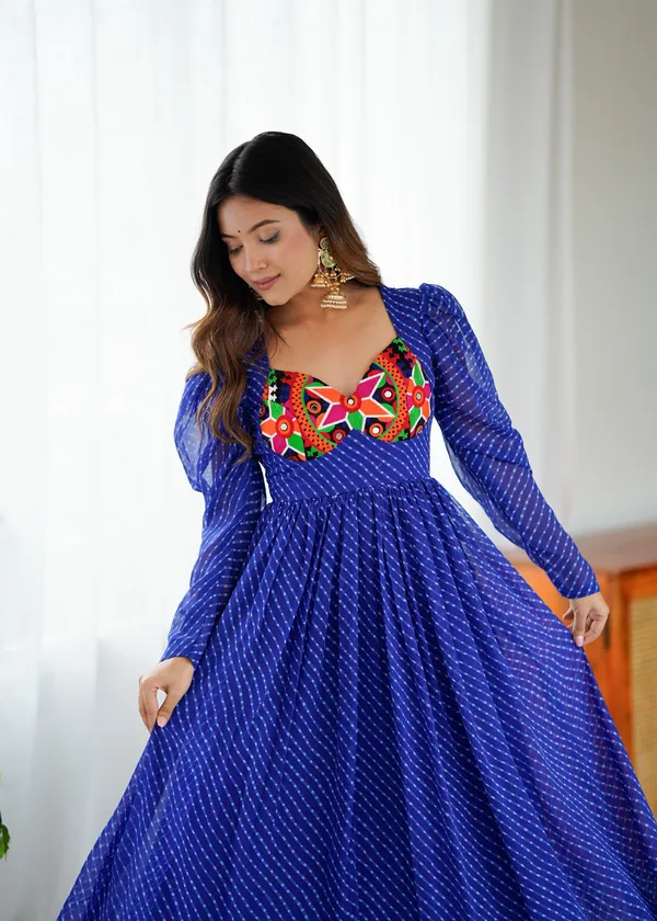 Blue Printed Georgette Designer Gown for Women Festive