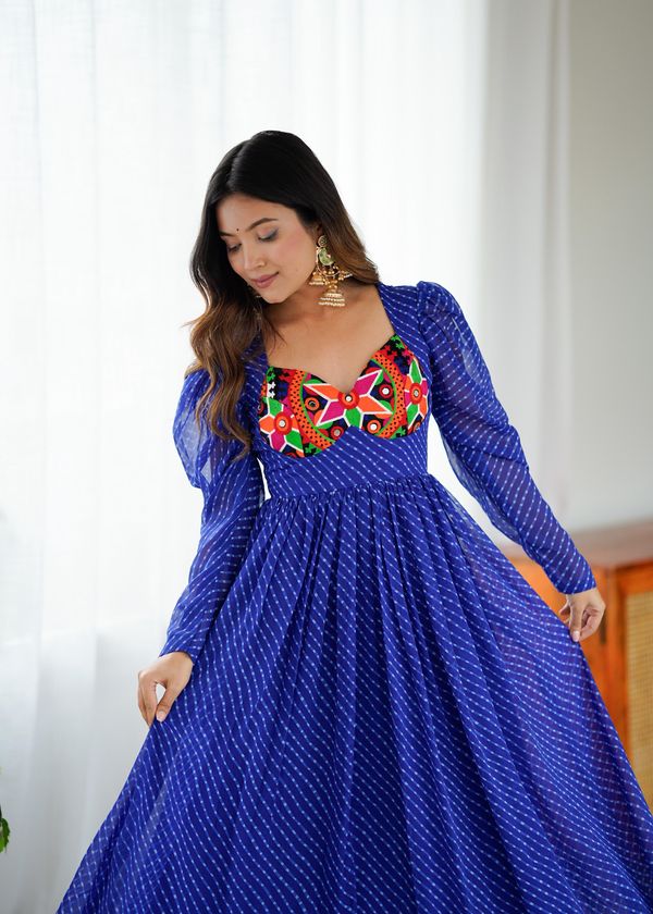 Blue Printed Georgette Designer Gown for Women Festive