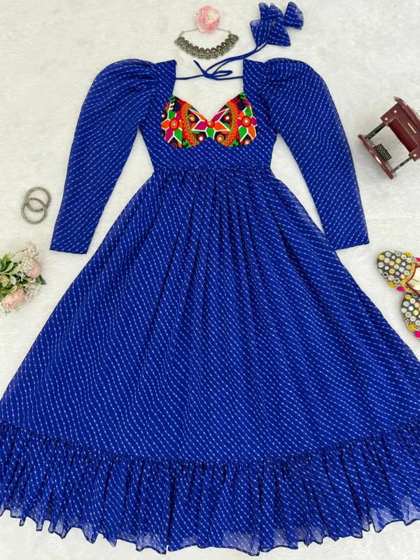 Blue Printed Georgette Designer Gown for Women Festive