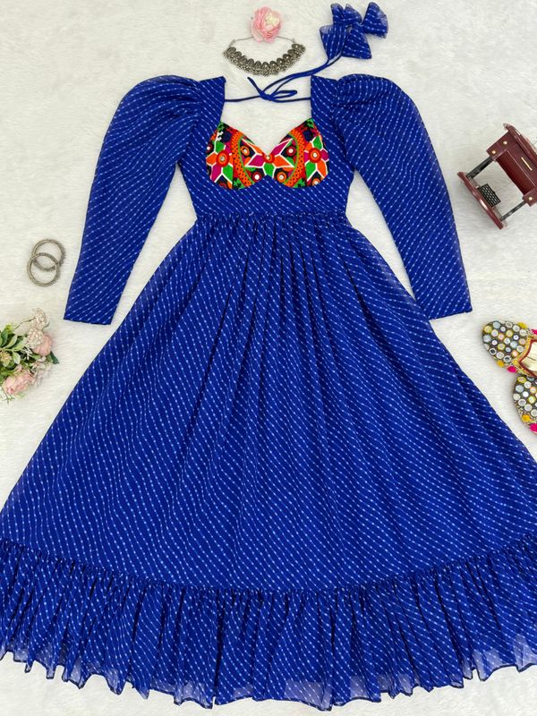 Blue Printed Georgette Designer Gown for Women Festive