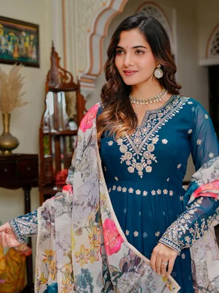 BLUE Georgette Designer Gown Set with Dupatta Women