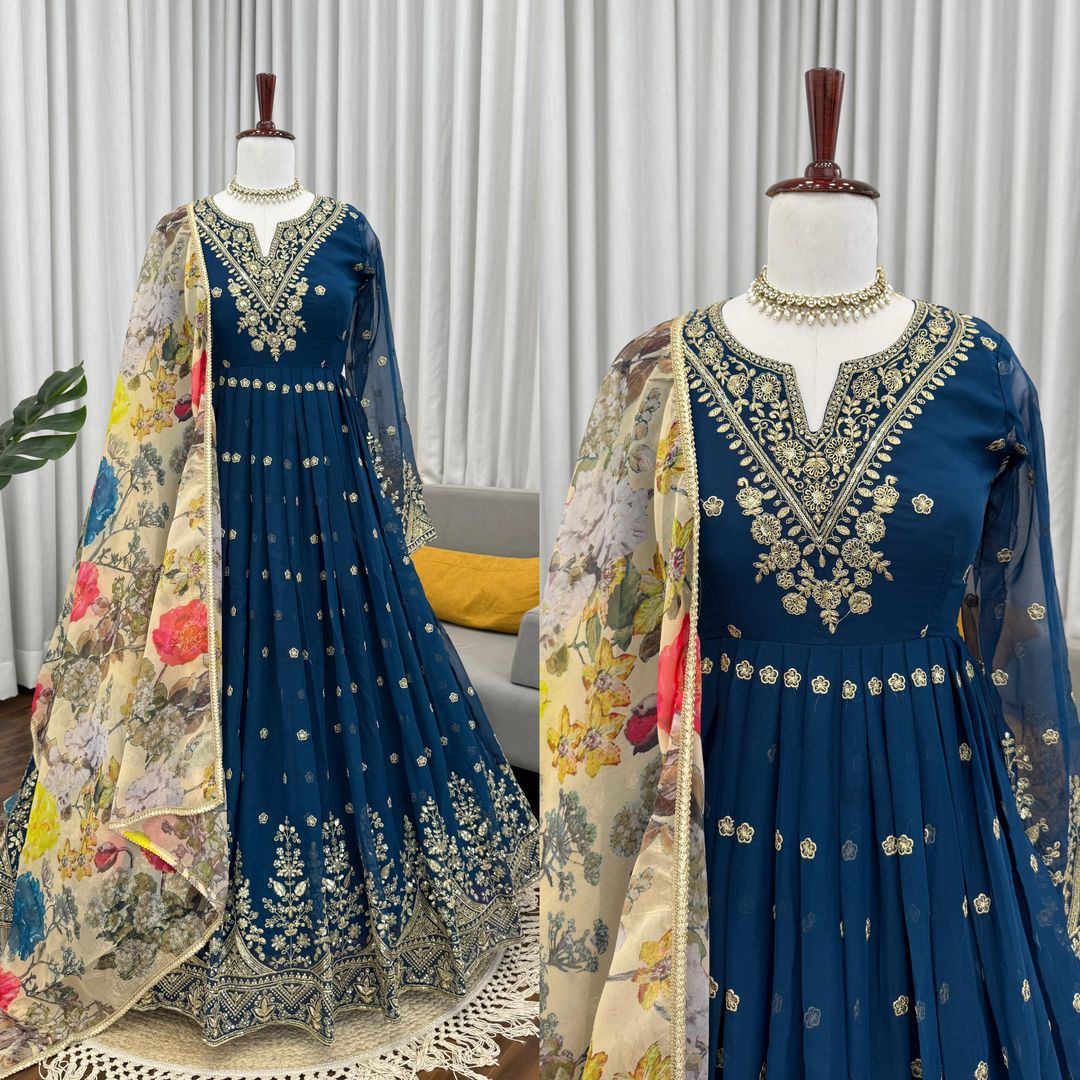 BLUE Georgette Designer Gown Set with Dupatta Women