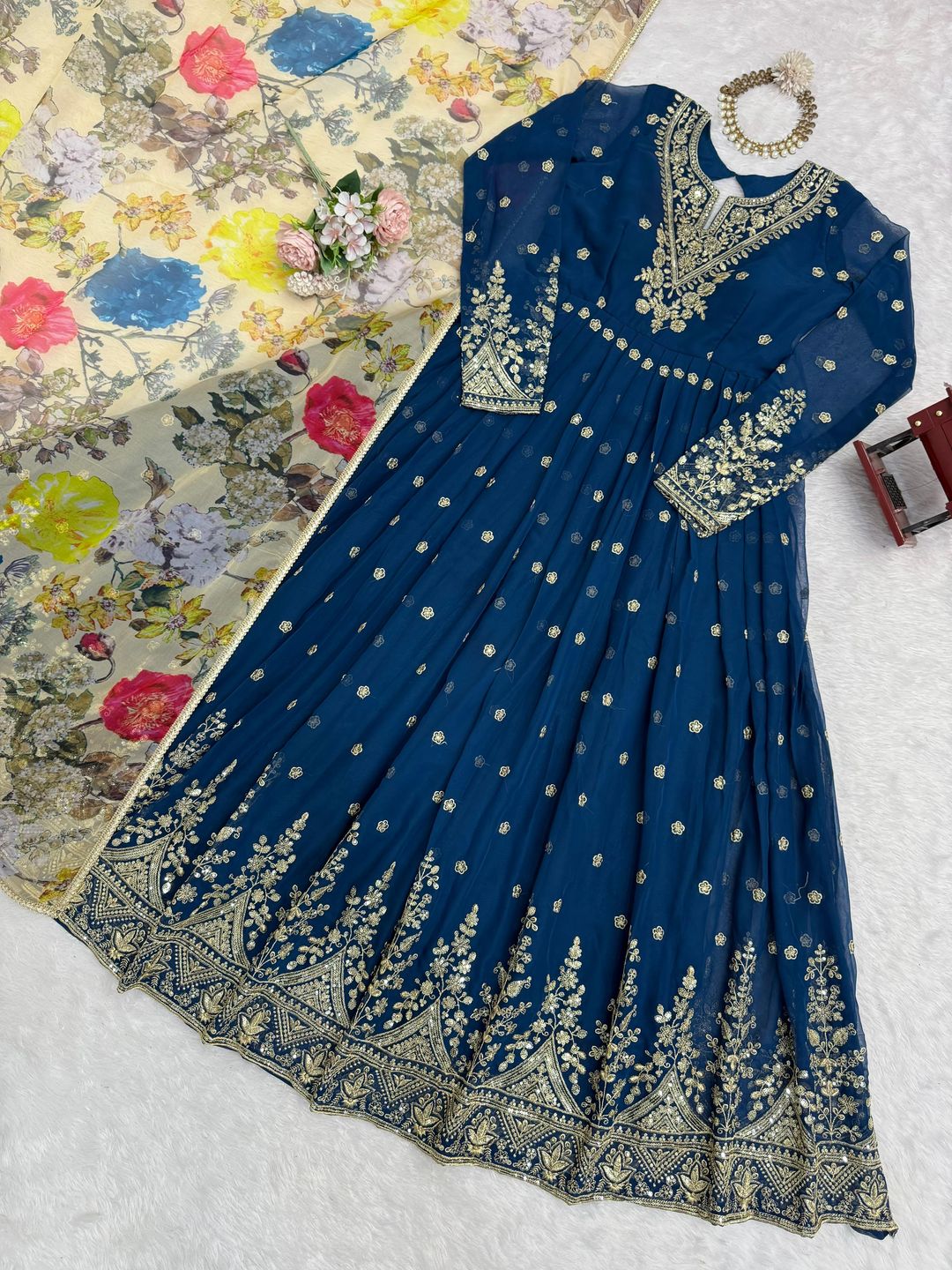 BLUE Georgette Designer Gown Set with Dupatta Women