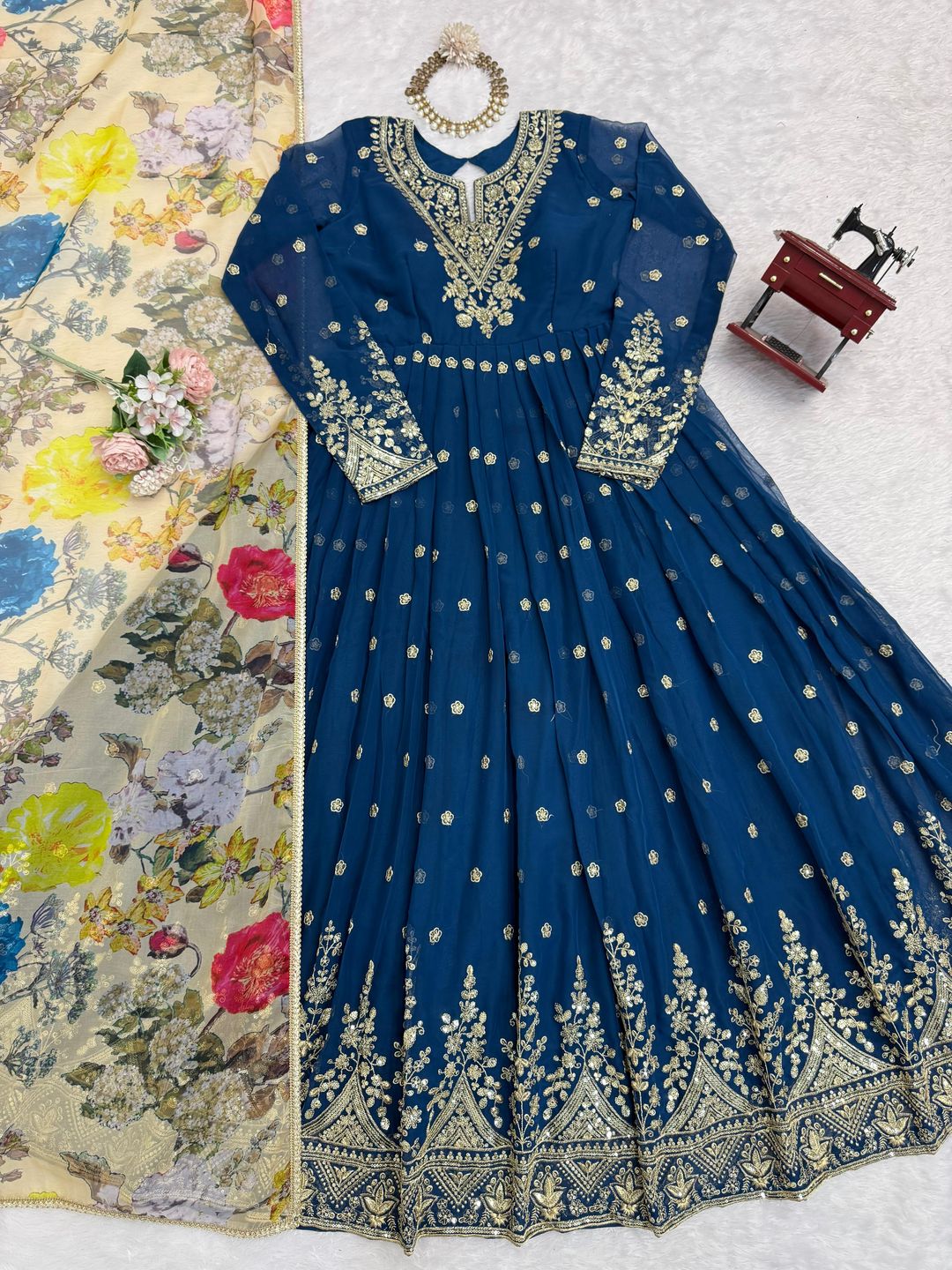 BLUE Georgette Designer Gown Set with Dupatta Women