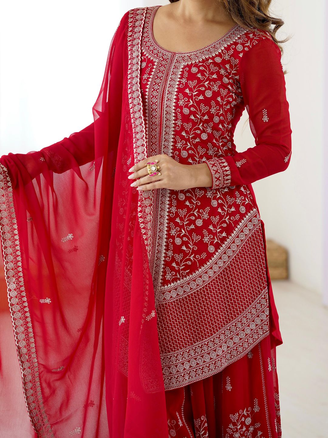 Red Embroidered Georgette Plazo Set for Women