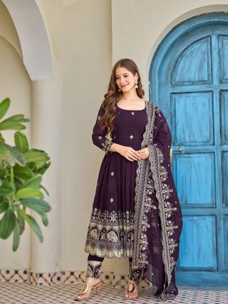 Wine Embroidered Anarkali Suit with Dupatta Online