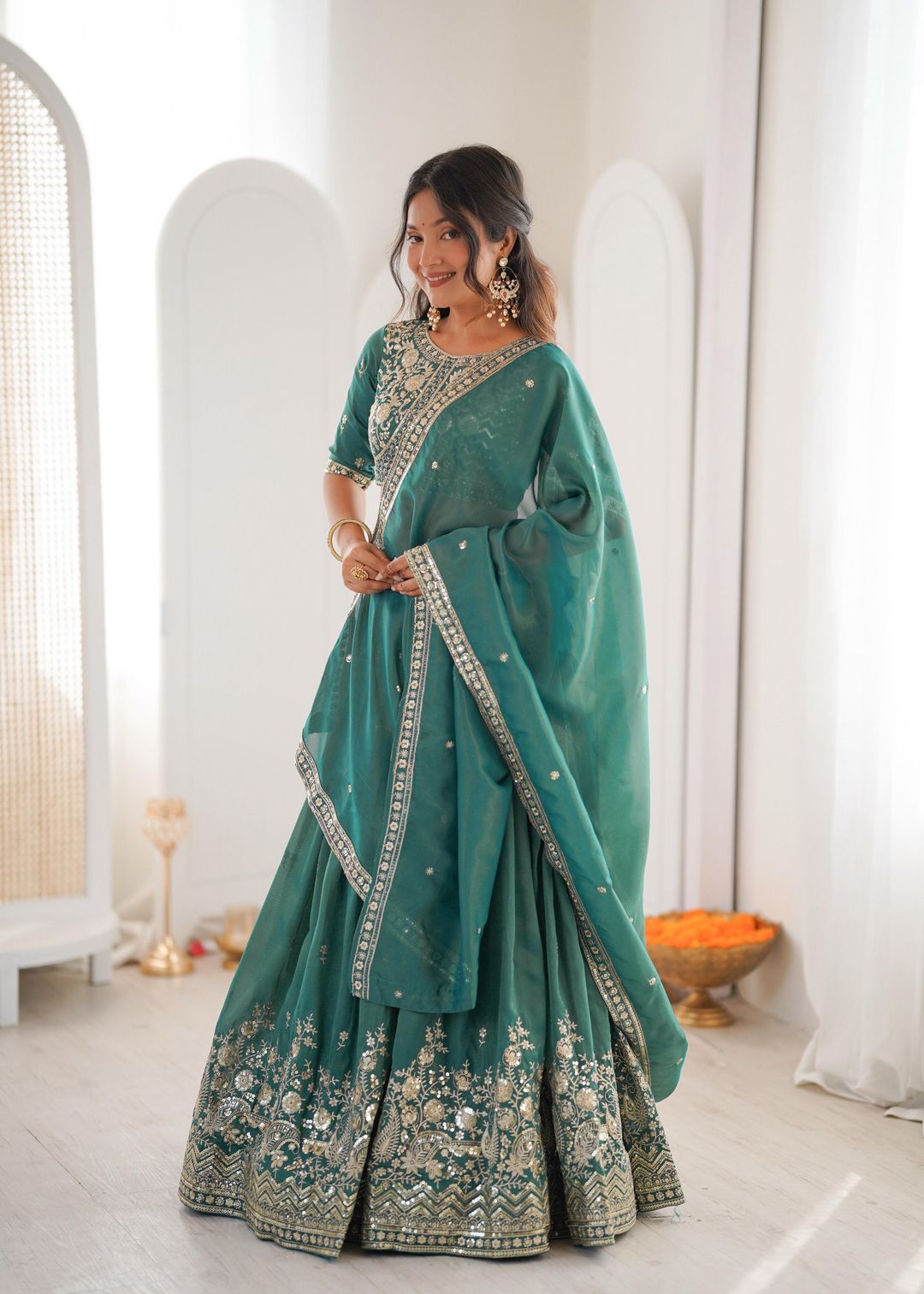 Designer Threadwork Silk Lehenga Choli Set with Dupatta