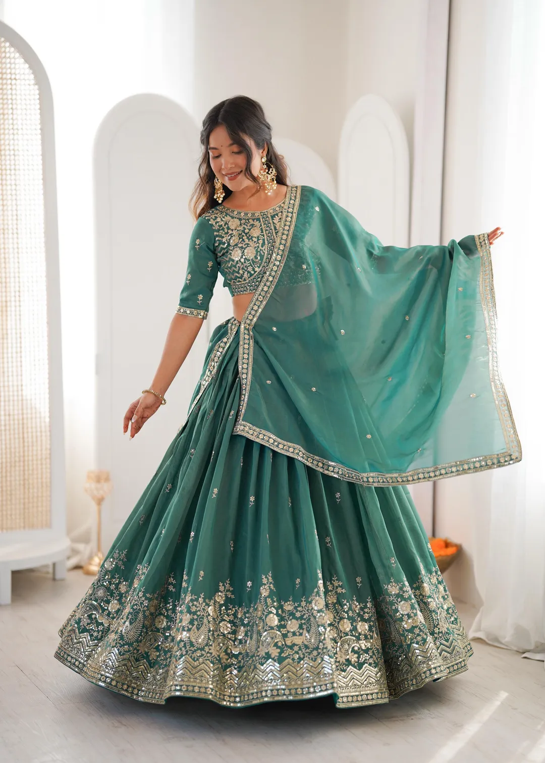 Designer Threadwork Silk Lehenga Choli Set with Dupatta