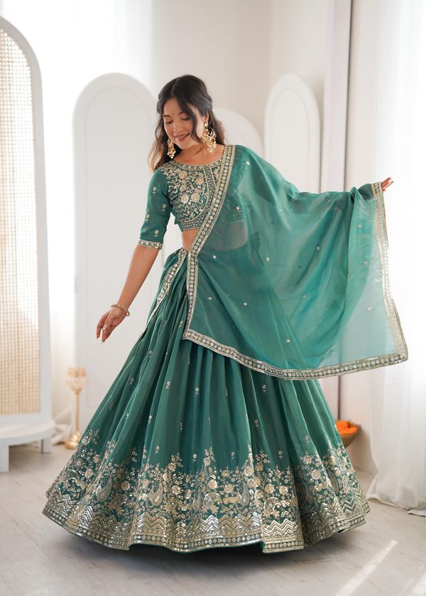Designer Threadwork Silk Lehenga Choli Set with Dupatta