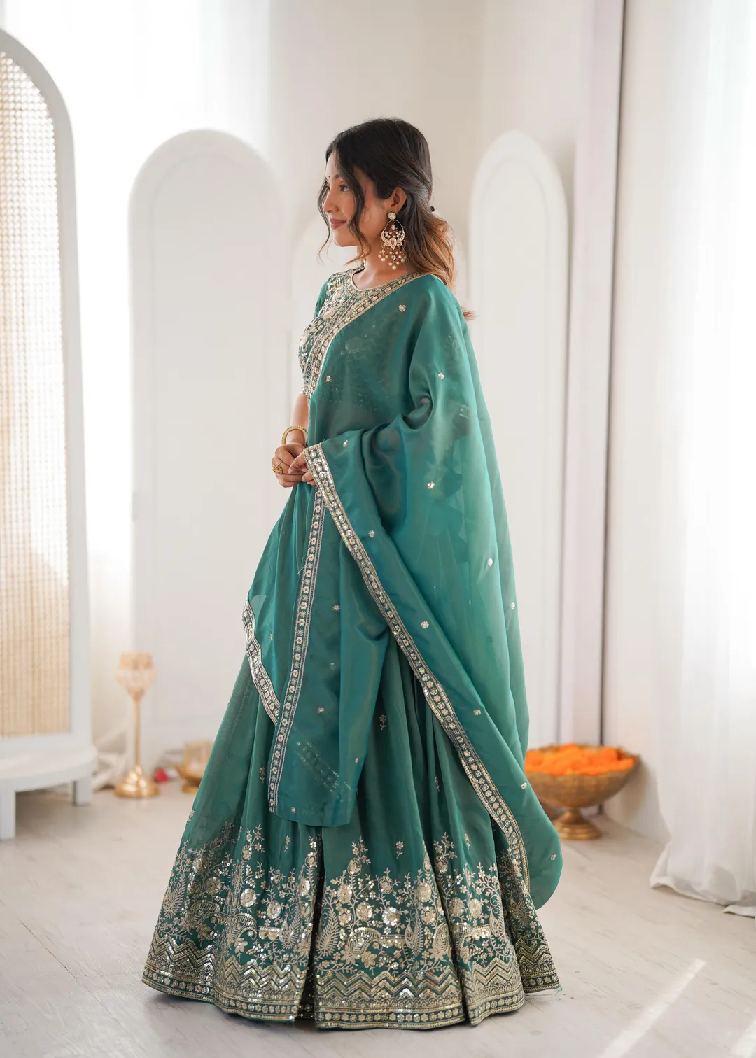 Designer Threadwork Silk Lehenga Choli Set with Dupatta