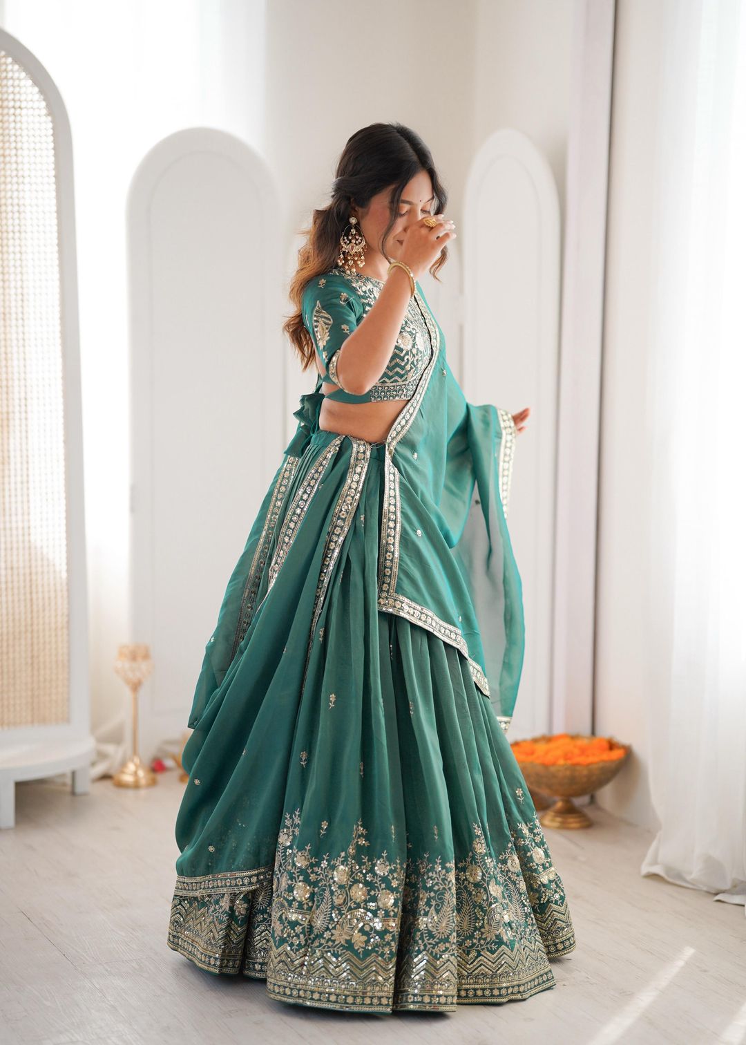 Designer Threadwork Silk Lehenga Choli Set with Dupatta