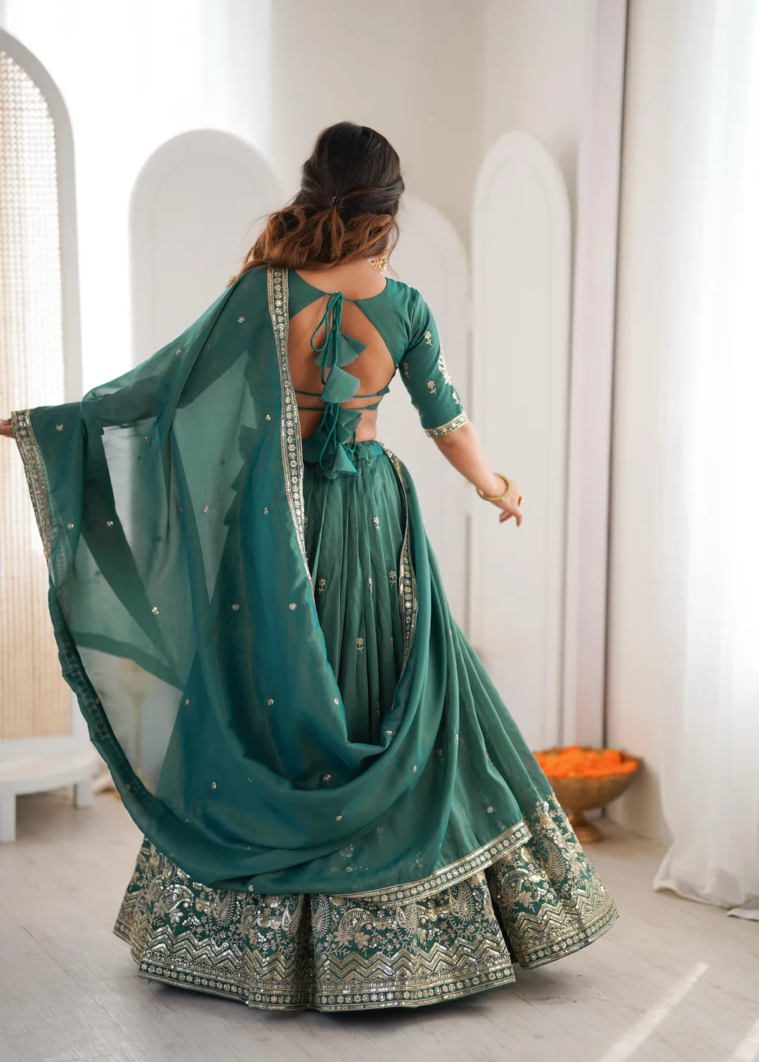 Designer Threadwork Silk Lehenga Choli Set with Dupatta