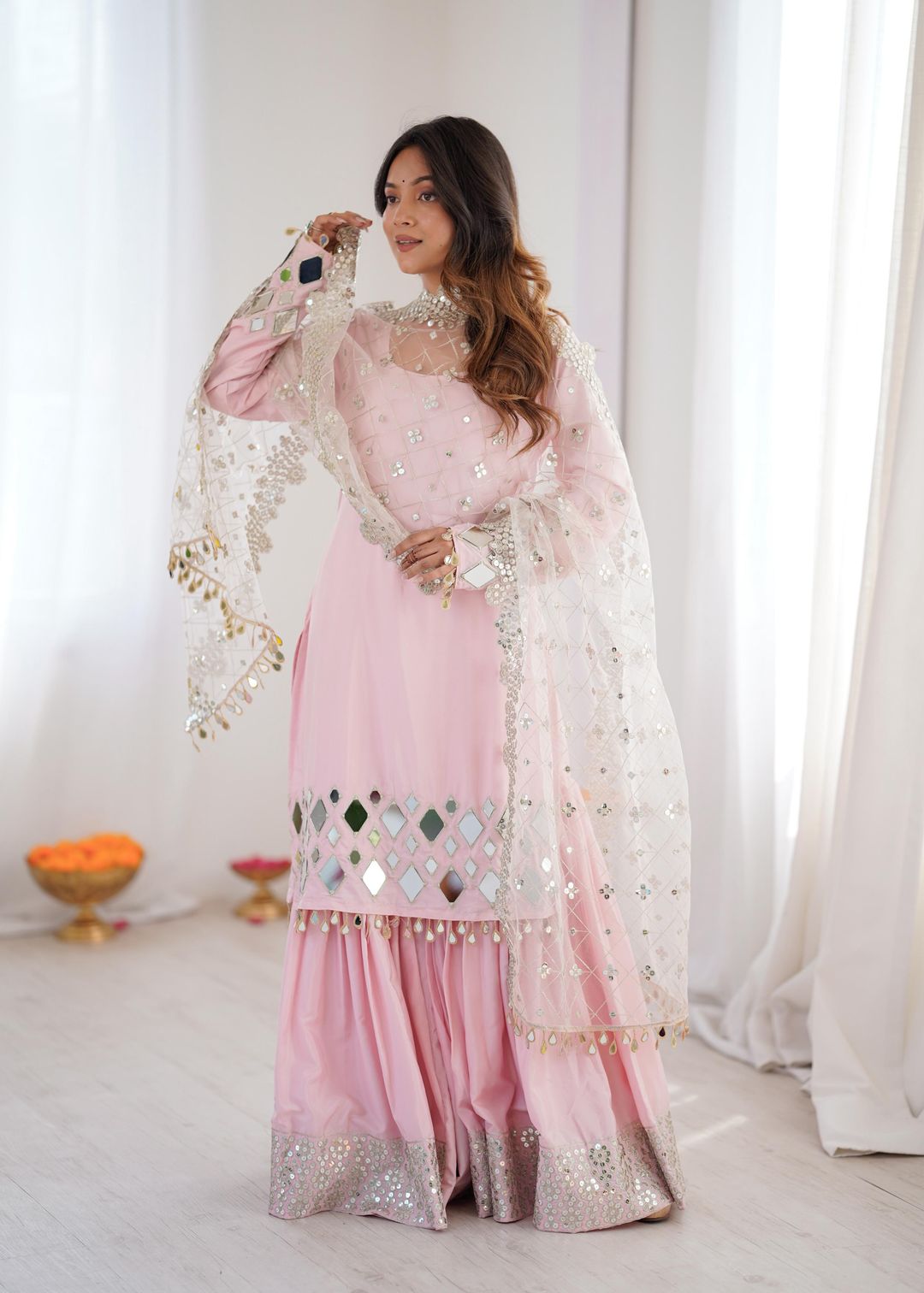 Pink Sharara Suit Set with Mirror Work Dupatta