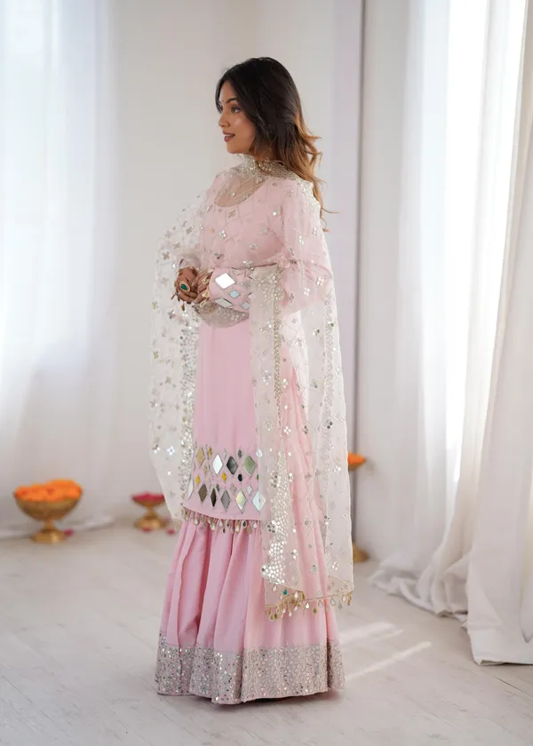 Pink Sharara Suit Set with Mirror Work Dupatta