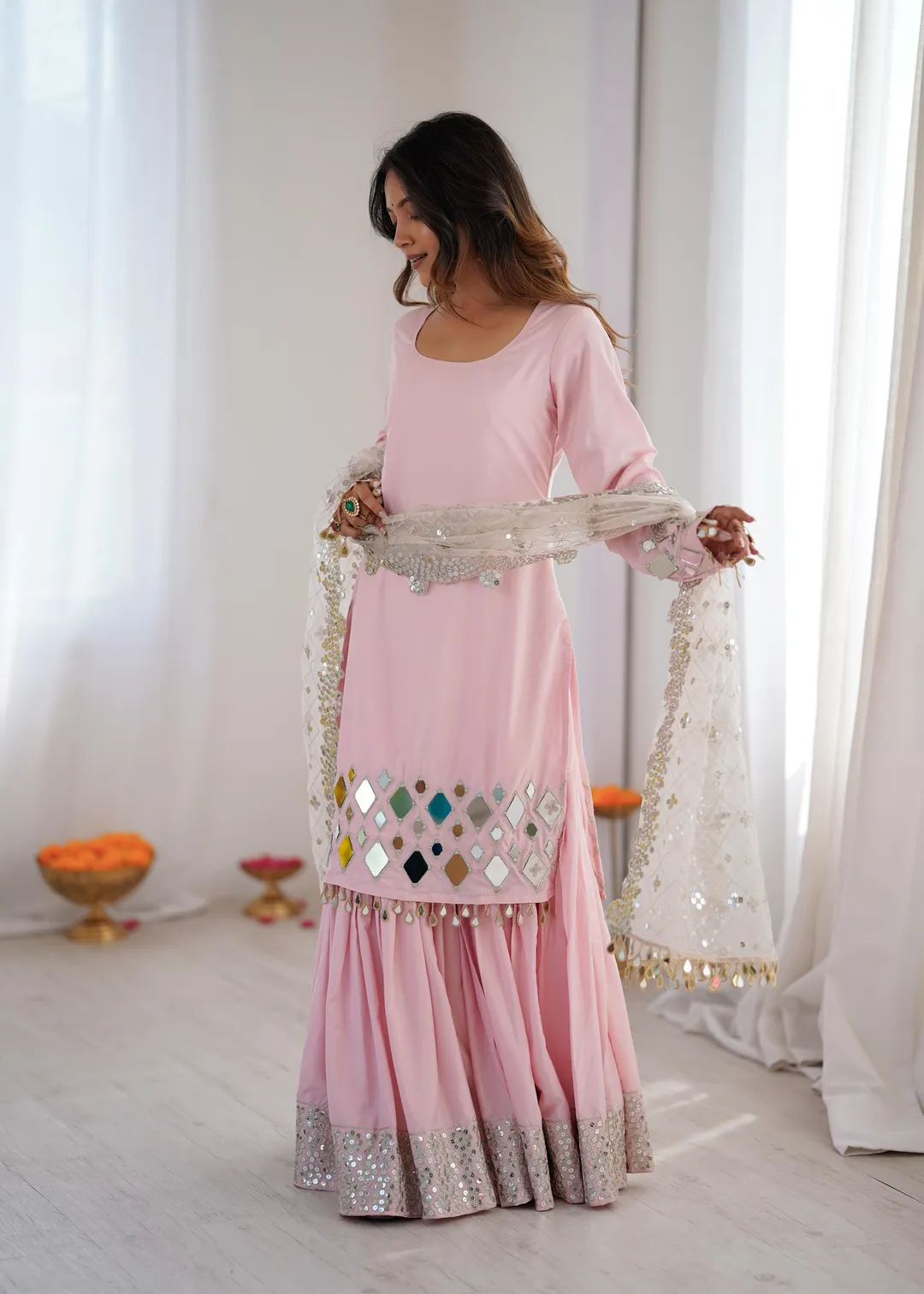 Pink Sharara Suit Set with Mirror Work Dupatta