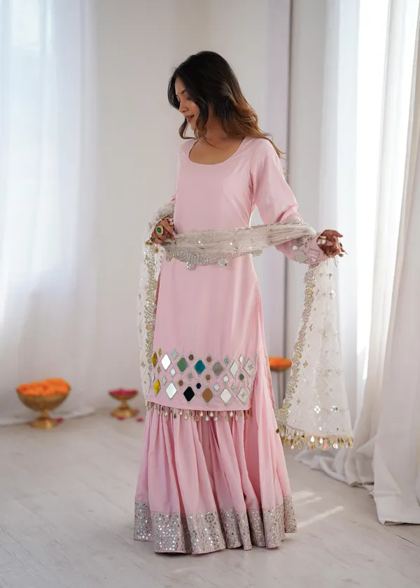 Pink Sharara Suit Set with Mirror Work Dupatta