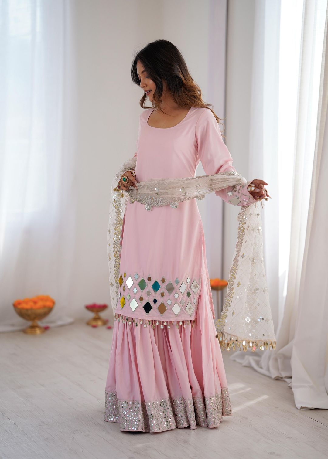 Pink Sharara Suit Set with Mirror Work Dupatta