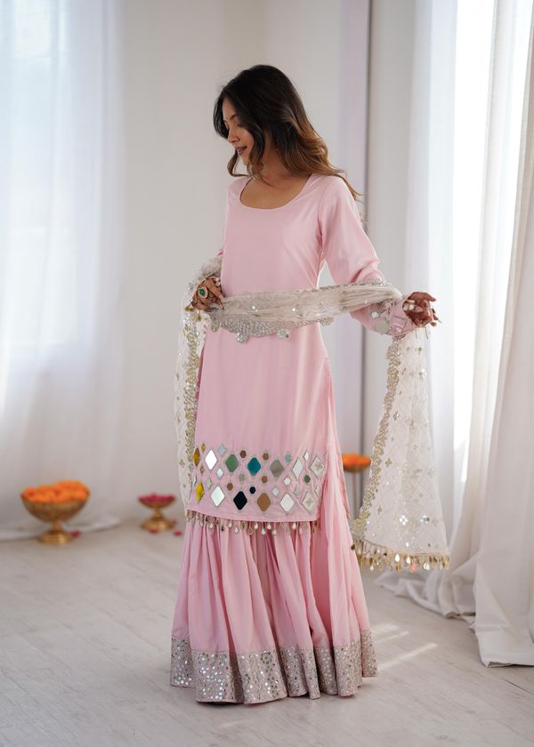 Pink Sharara Suit Set with Mirror Work Dupatta