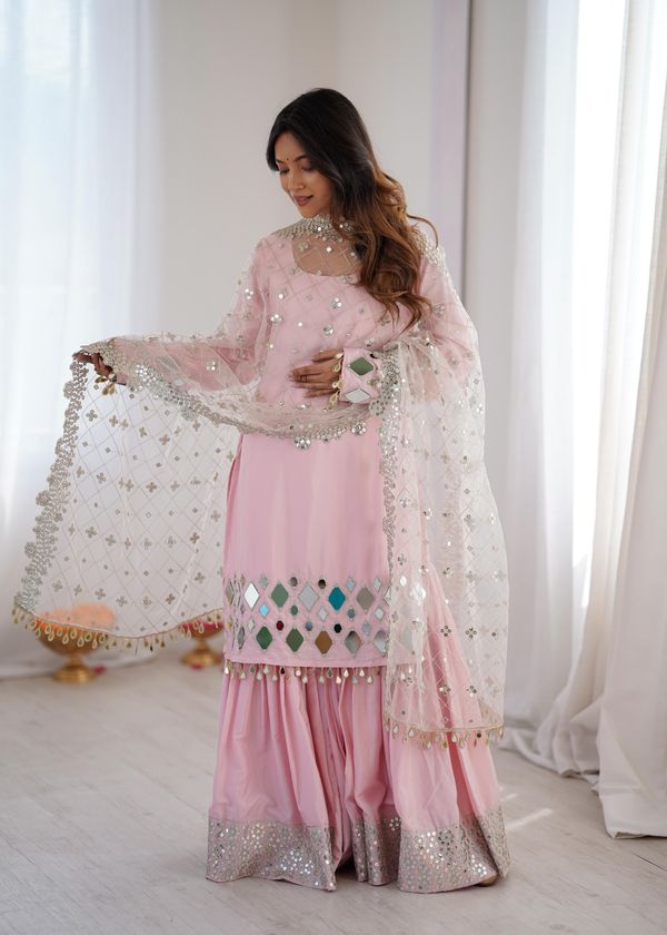 Pink Sharara Suit Set with Mirror Work Dupatta