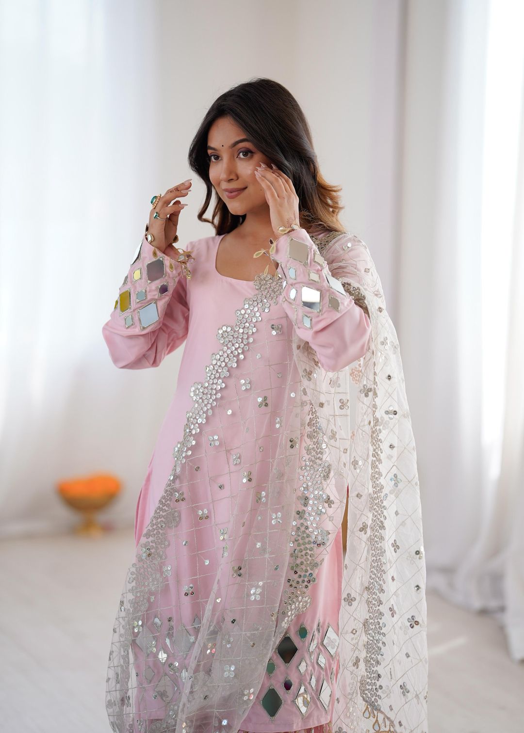 Pink Sharara Suit Set with Mirror Work Dupatta