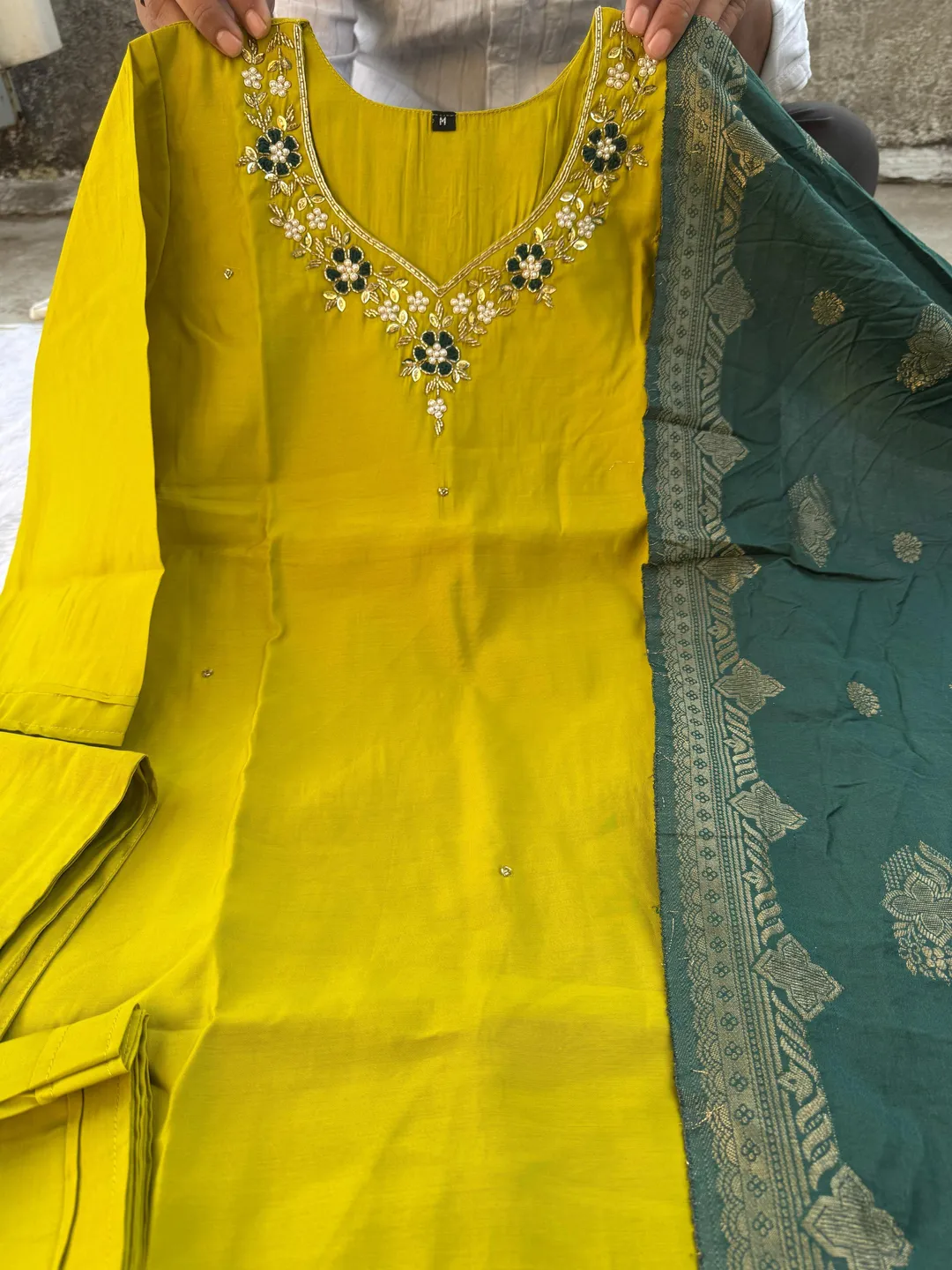Designer Roman Silk Kurti Set with Jacquard Dupatta