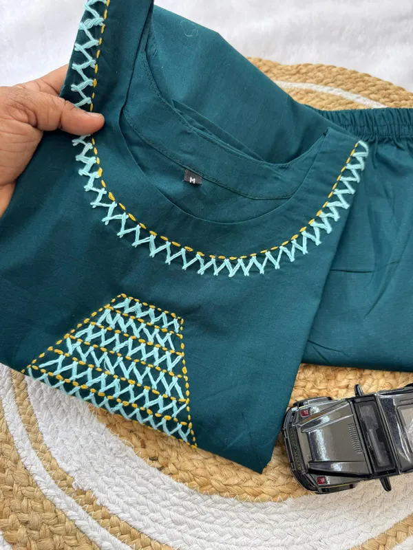 Teal Cotton A-Line Kurti Pant Set with Handwork