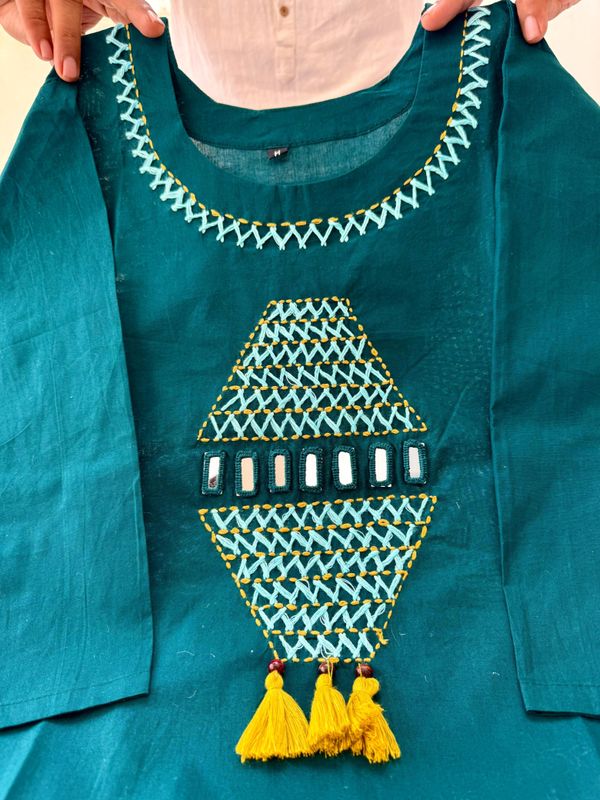 Teal Cotton A-Line Kurti Pant Set with Handwork