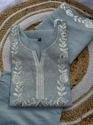 Ice Blue Embroidered Roman Silk Kurti Set Online