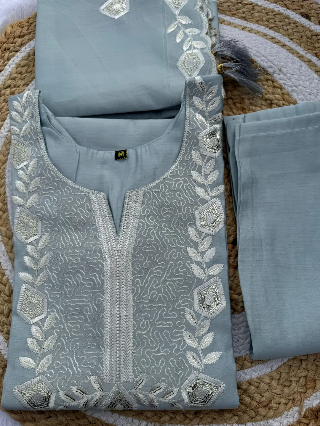 Ice Blue Embroidered Roman Silk Kurti Set Online