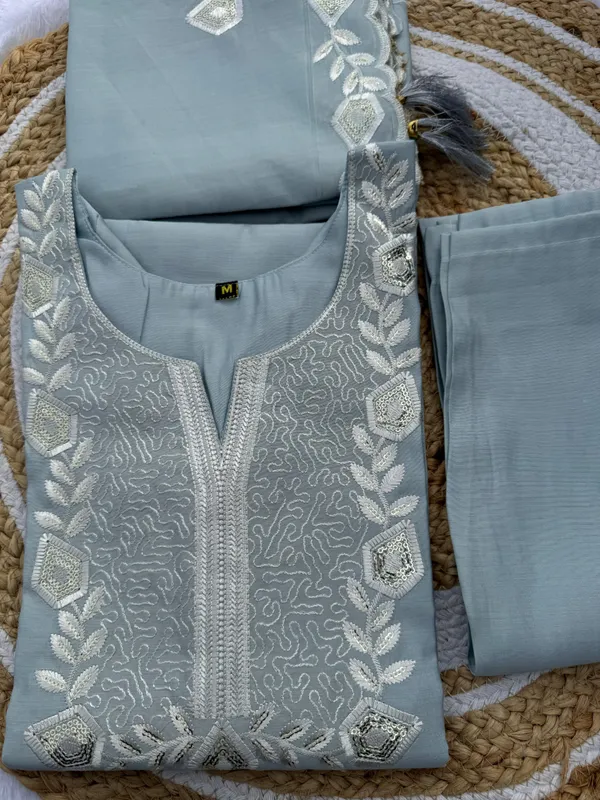 Ice Blue Embroidered Roman Silk Kurti Set Online