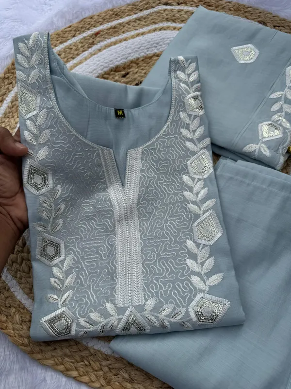 Ice Blue Embroidered Roman Silk Kurti Set Online