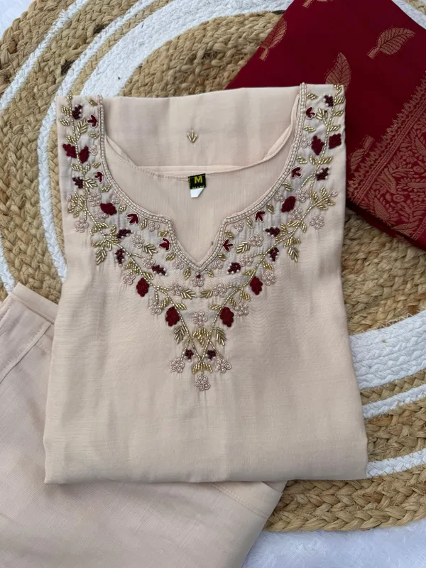 Cream Handwork Roman Silk Kurti Pant Dupatta Set