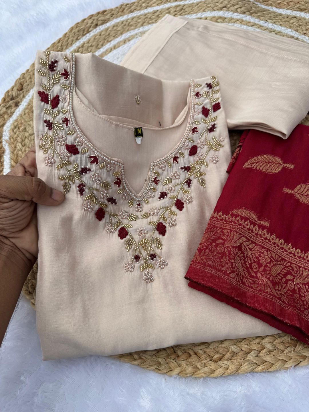 Cream Handwork Roman Silk Kurti Pant Dupatta Set
