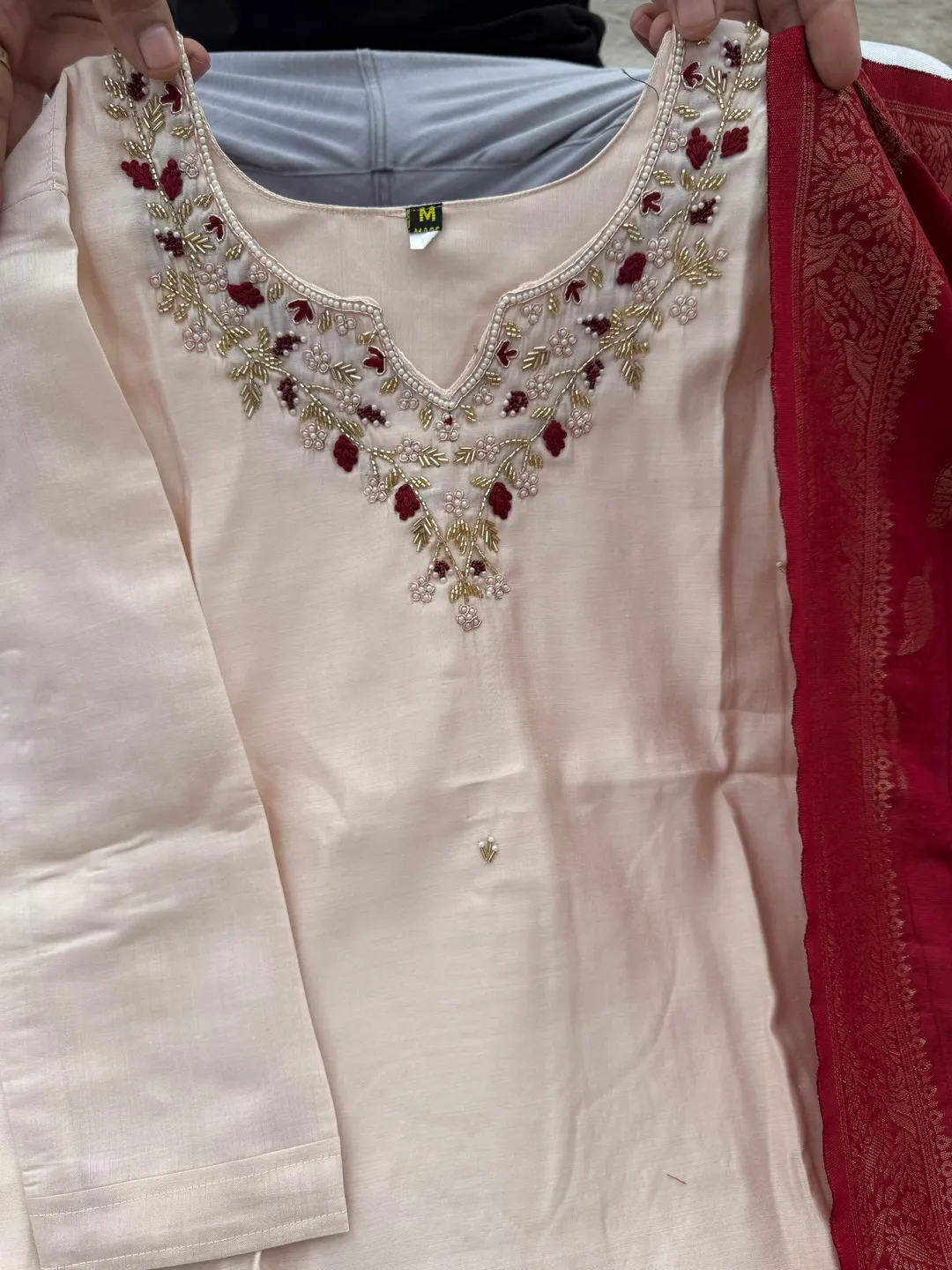 Cream Handwork Roman Silk Kurti Pant Dupatta Set