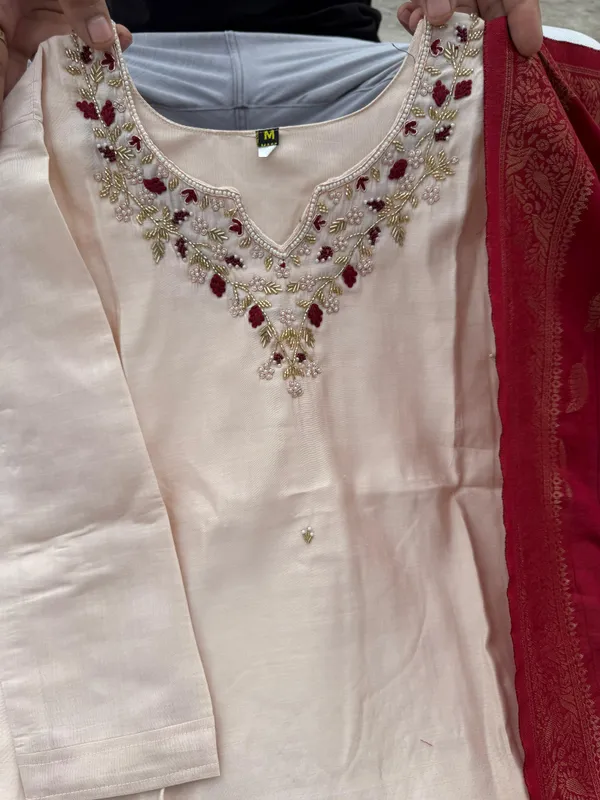Cream Handwork Roman Silk Kurti Pant Dupatta Set